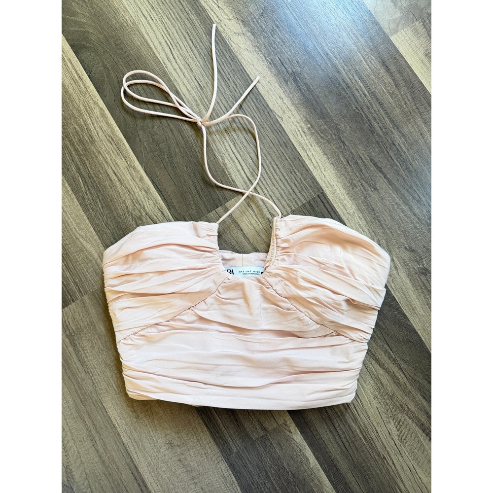 Zara Ruched Halter Crop Top Womens Small Pink Excellent Smocked Back Tie Neck